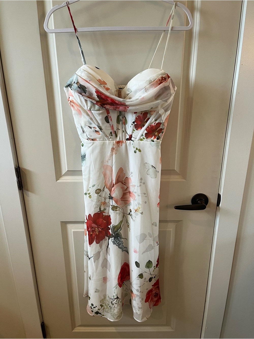 le chateau White Floral Midi Dress with Red & Pink Blooms